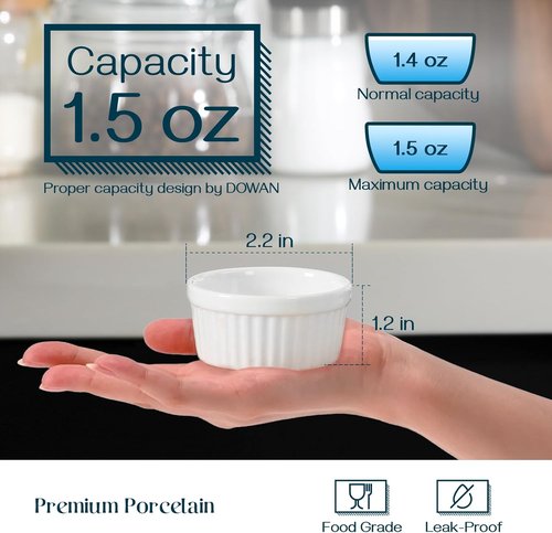 DOWAN Dipping Bowls - 1.5 Oz Mini Ramekins | Microwave & Oven Safe Porcelain Set of 6 - Soft White