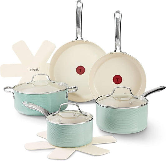 T-Fal Inspire Nonstick Ceramic Cookware Set - 10-Piece Oven Safe to 500°F | Mint Green Pots and Pans