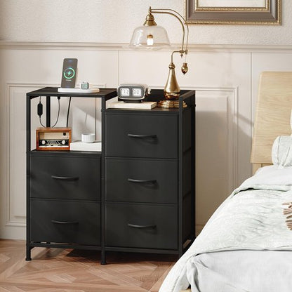 Somdot Black Nightstand with Charging Station and LED Light, Wide 5 Drawers Dresser for Bedroom with Fabric Bins and Open Shelf for Bedroom Kids Closet Dorm Guest Room, Black