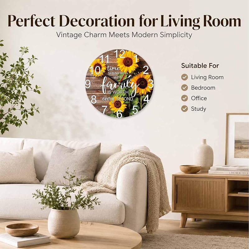 Sunflower Family Quote Wall Clock 10 Inch - Sunflower 1+10 Inch, Battery Operated