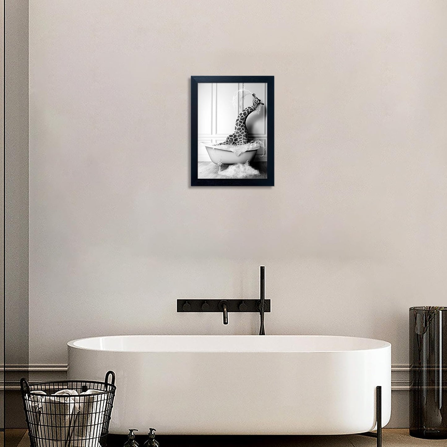 Skiennix Framed Animal Wall Art - Funny Giraffe in Bathtub Canvas Print | Black and White Farmhouse Decor for Kids' Bathroom