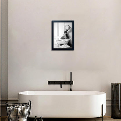 Skiennix Framed Animal Wall Art - Funny Giraffe in Bathtub Canvas Print | Black and White Farmhouse Decor for Kids' Bathroom