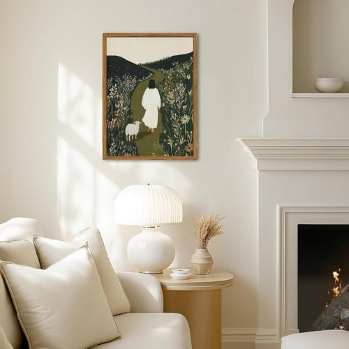 Framed Jesus Wall Art - Leaves the 99 Sheep Canvas Print | Christian Decor for Living Room, Bedroom, Church - 12x16 Inch