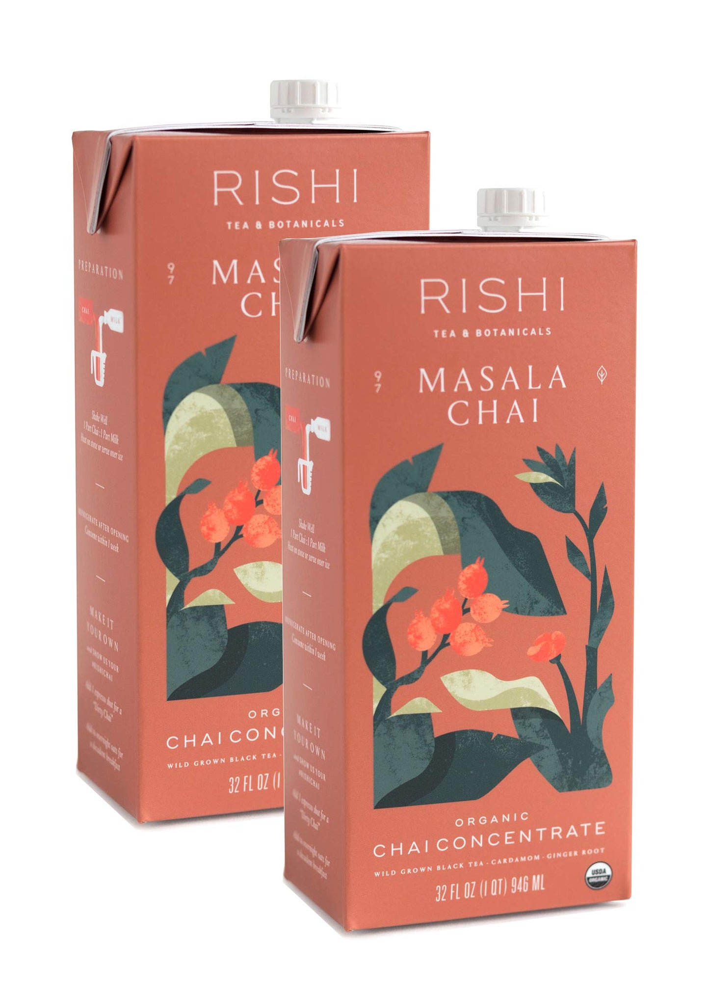 Rishi Tea Masala Chai Concentrate Beverage | Immune Support, USDA Certified Organic, Fair Trade Black Tea, Antioxidants, Energy-Boosting | 32 oz Carton, 8 Servings (Pack of 2)