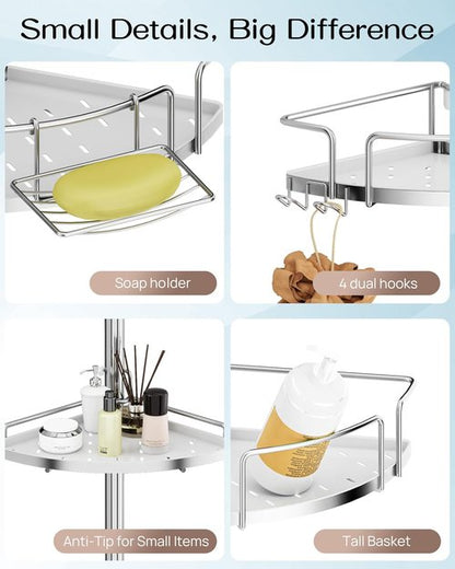 ALLZONE Corner Shower Caddy - Rustproof Tension Pole with 4 Baskets & Extra Hooks | Fits 34–116 Inch, Silver/White