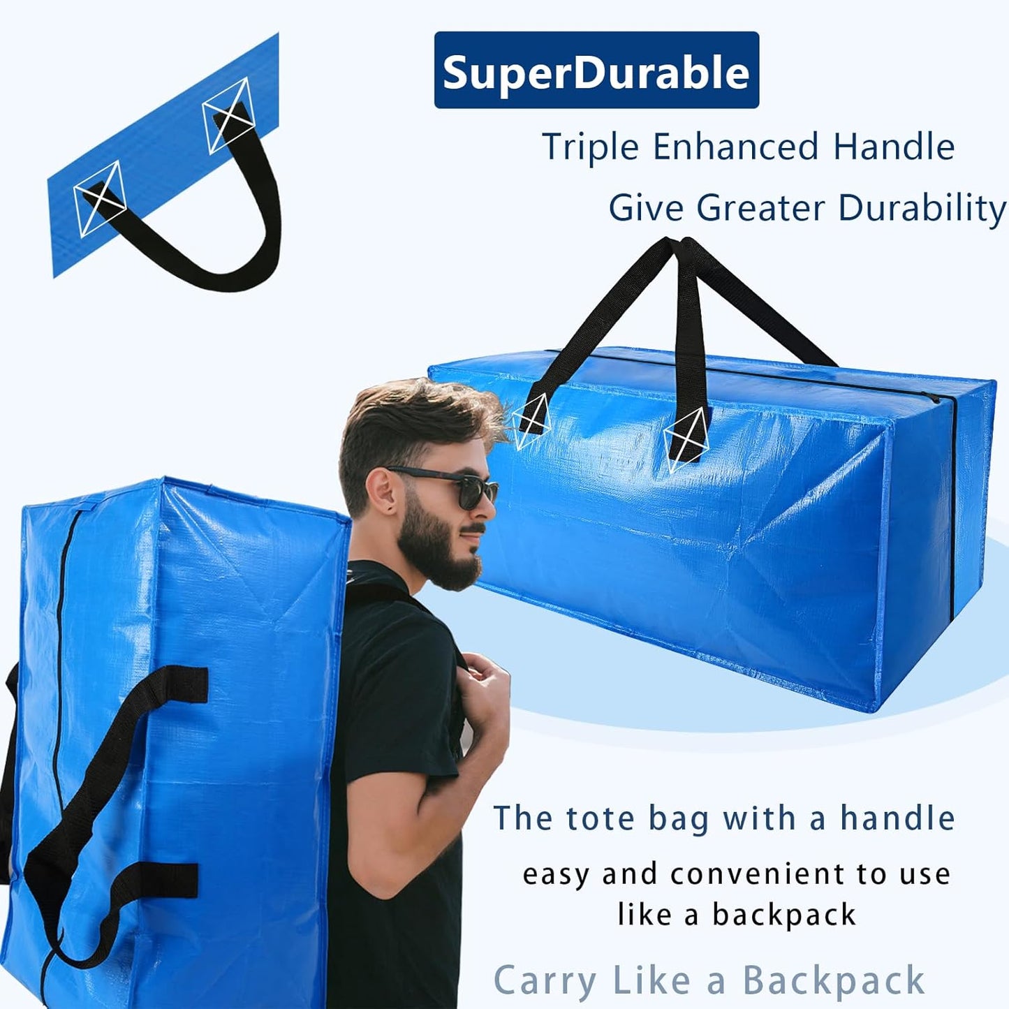 Skiennix Heavy Duty Extra Large Moving Bags - Strong Handles & Backpack Straps - Blue Storage Solution