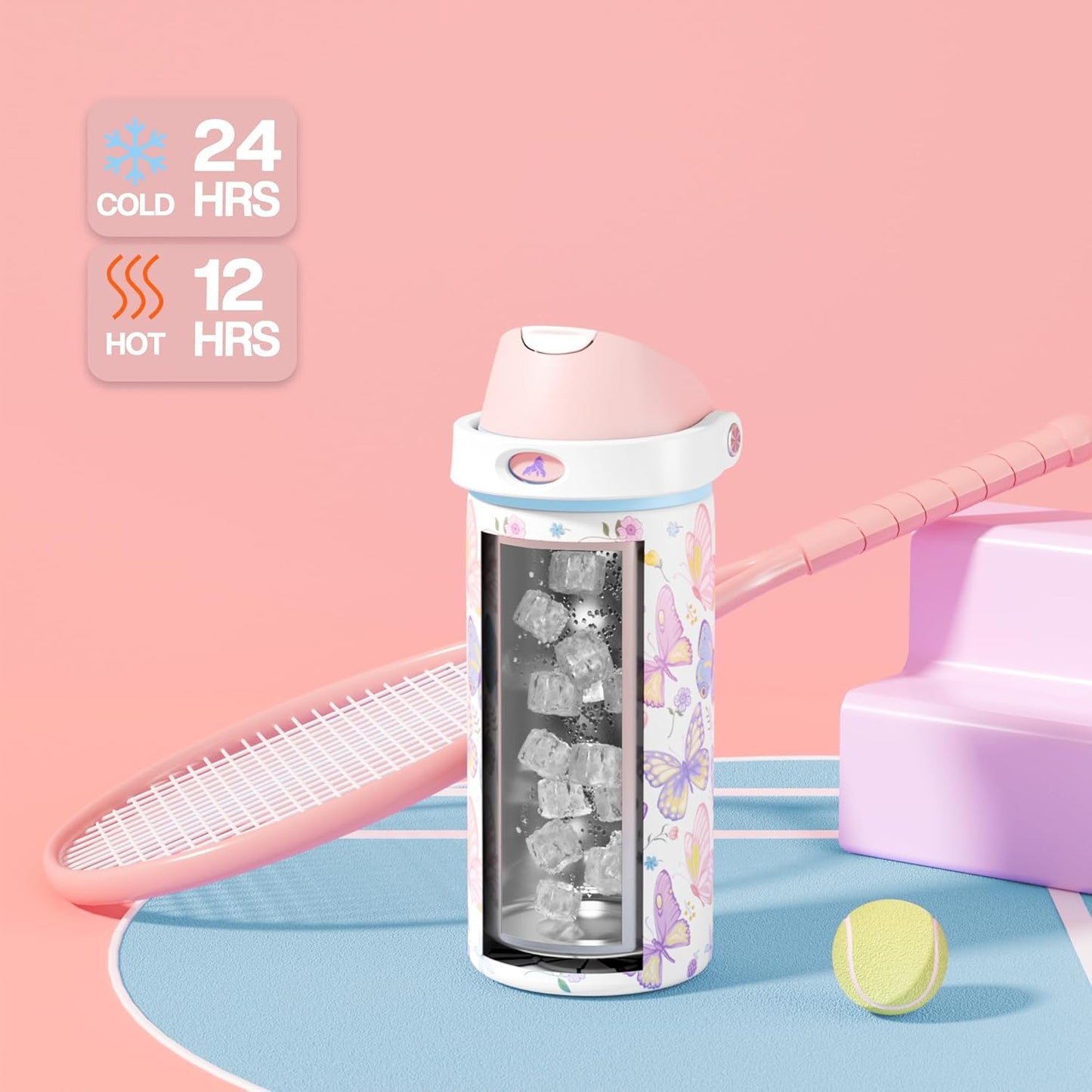 POWCAN 18 oz Insulated Water Bottle - 2-in-1 Push-Button Spout & Quick-Flip Straw Lid | Leakproof, Cold for 24 Hours, Fits Car Cup Holder, Stainless Steel (Butterfly Garden)