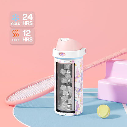 POWCAN 18 oz Insulated Water Bottle - 2-in-1 Push-Button Spout & Quick-Flip Straw Lid | Leakproof, Cold for 24 Hours, Fits Car Cup Holder, Stainless Steel (Butterfly Garden)