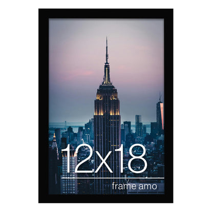 Frame Amo 12x18 Black Modern Picture or Poster Frame, 1 inch Wide Border, Smooth Wrap Finish, Acrylic Face