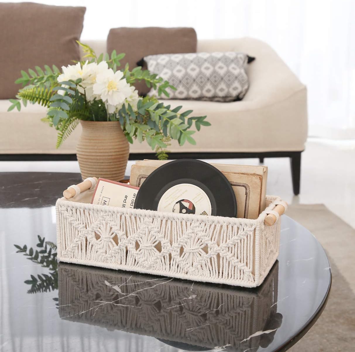Mkono Macrame Storage Baskets - Handmade Woven Organizer for Home Décor | Set of 2, Ivory