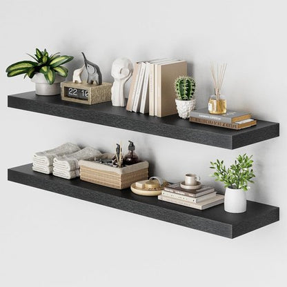 Heimlove Floating Shelves - Set of 2 Black Wood Shelves | 48"W x 12"D for Bedroom, Living Room, Kitchen, Home Office