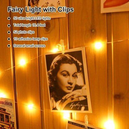 HXWEIYE 50LED Photo String Lights - Warm White 16.4Ft Battery-Powered Fairy Lights with Clips & Hooks for Pictures