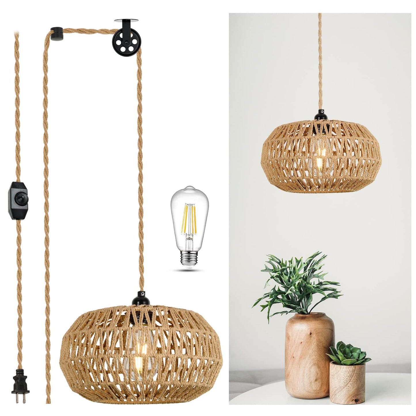 Rattan Plug in Pendant Light with LED Bulb&Pulley, Boho Hanging Lights with Plug in Cord 15ft, Wicker Woven Chandelier Light Fixtures with Dimmer Switch for Bedroom Living Dinning Room Kitchen