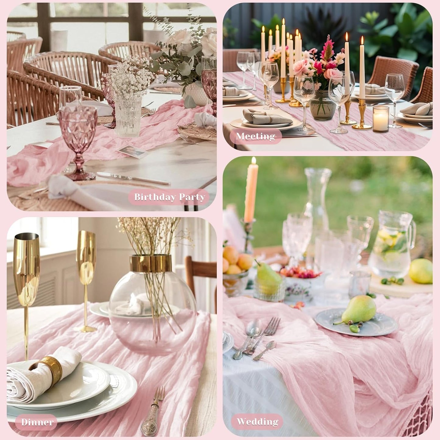 Regine Switzerland Pink Table Runner - 10 Ft Rustic Gauze Cheesecloth for Weddings & Parties | Boho Design