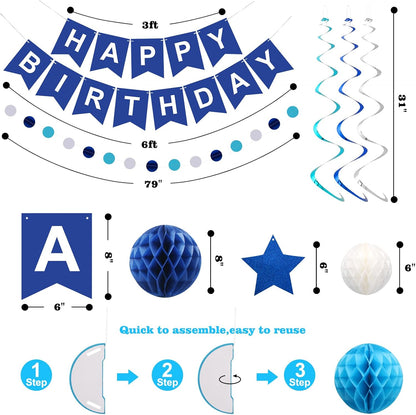 Meowtastic Birthday Decorations - Happy Birthday Banner with Honeycomb Balls & Swirl Streamers | Blue