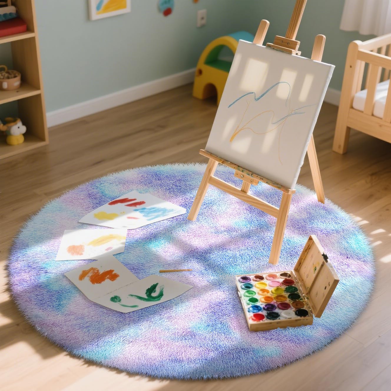 OLANLY Round Purple Rainbow Rug - Soft, Fluffy, Machine Washable 4x4 Feet Area Rug for Kids' Rooms | Home Decor