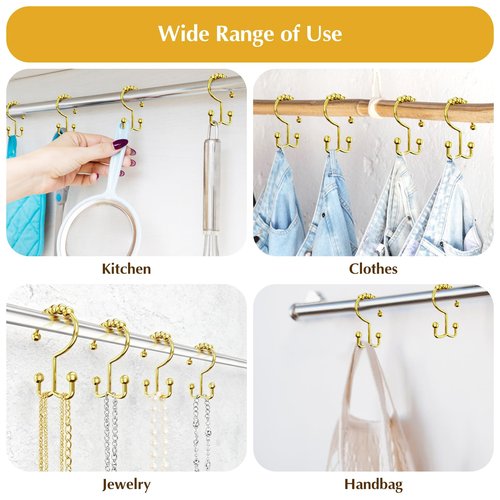 ZASZO Upgraded 304 Stainless Steel Shower Curtain Hooks, 12-Pack Rust-Proof Heavy Duty Gold Shower Curtain Rings, Double Hook Glide Bathroom Hardware Set