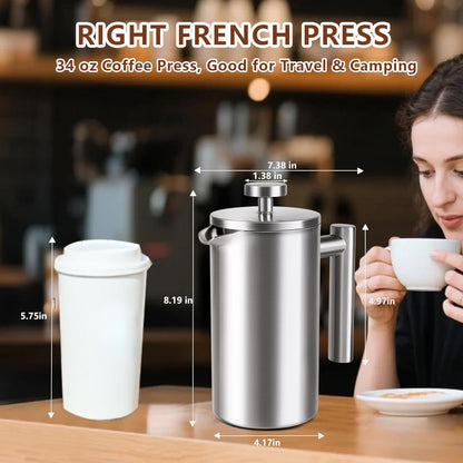 Skiennix French Press Coffee Maker - 34 Oz Double-Walled Insulated Design | 4 Cups, Dishwasher Safe