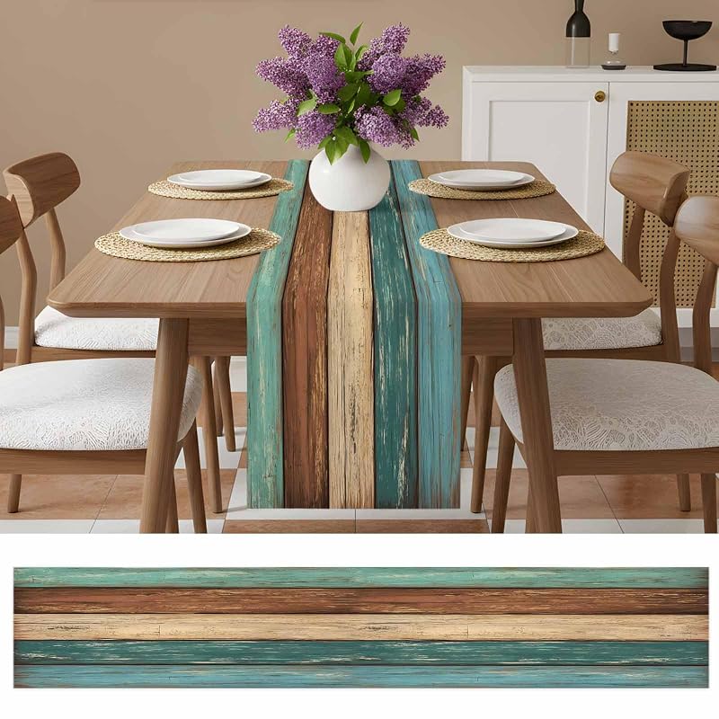 Teal Cotton Linen Table Runner 13x90 Inch - Rustic Burlap Dresser Scarf, Non-Slip Home Decor (Green/Blue/Brown) - Farmhouse Wedding Table Setting