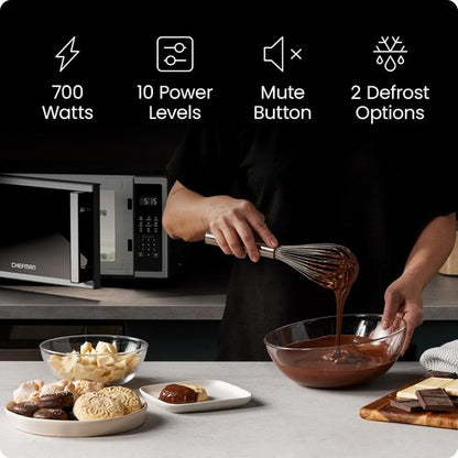 Chefman Microwave Oven - Compact 0.7 Cu. Ft. with 10 Power Levels & Child Safety Lock | Stainless Steel