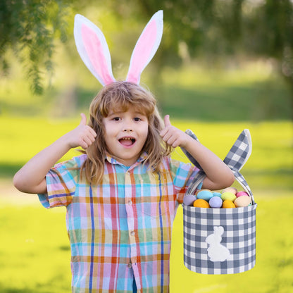 Paterr 4 Pack Easter Bunny Baskets Canvas Cotton Easter Egg Hunt Baskets with Foldable Rabbit Ears Handle DIY Empty Fluffy Tails Embroidered Bunny Buckets for Party Decorations Candy Gifts Storage