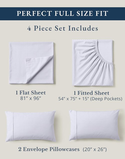 LANE LINEN 100% Organic Cotton Full Sheet Set - Soft, Fade Resistant, Naturally Cooling Bedding | Blue Ticking Stripe