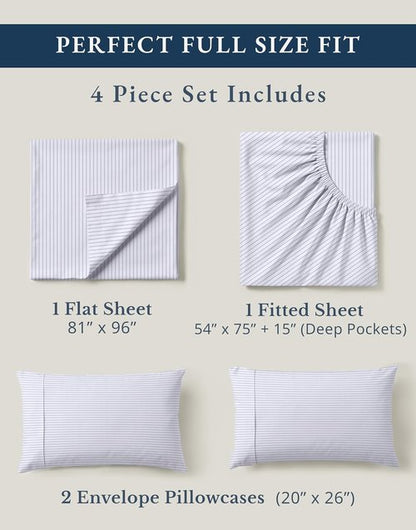 LANE LINEN 100% Organic Cotton Full Sheet Set - Soft, Fade Resistant, Naturally Cooling Bedding | Blue Ticking Stripe