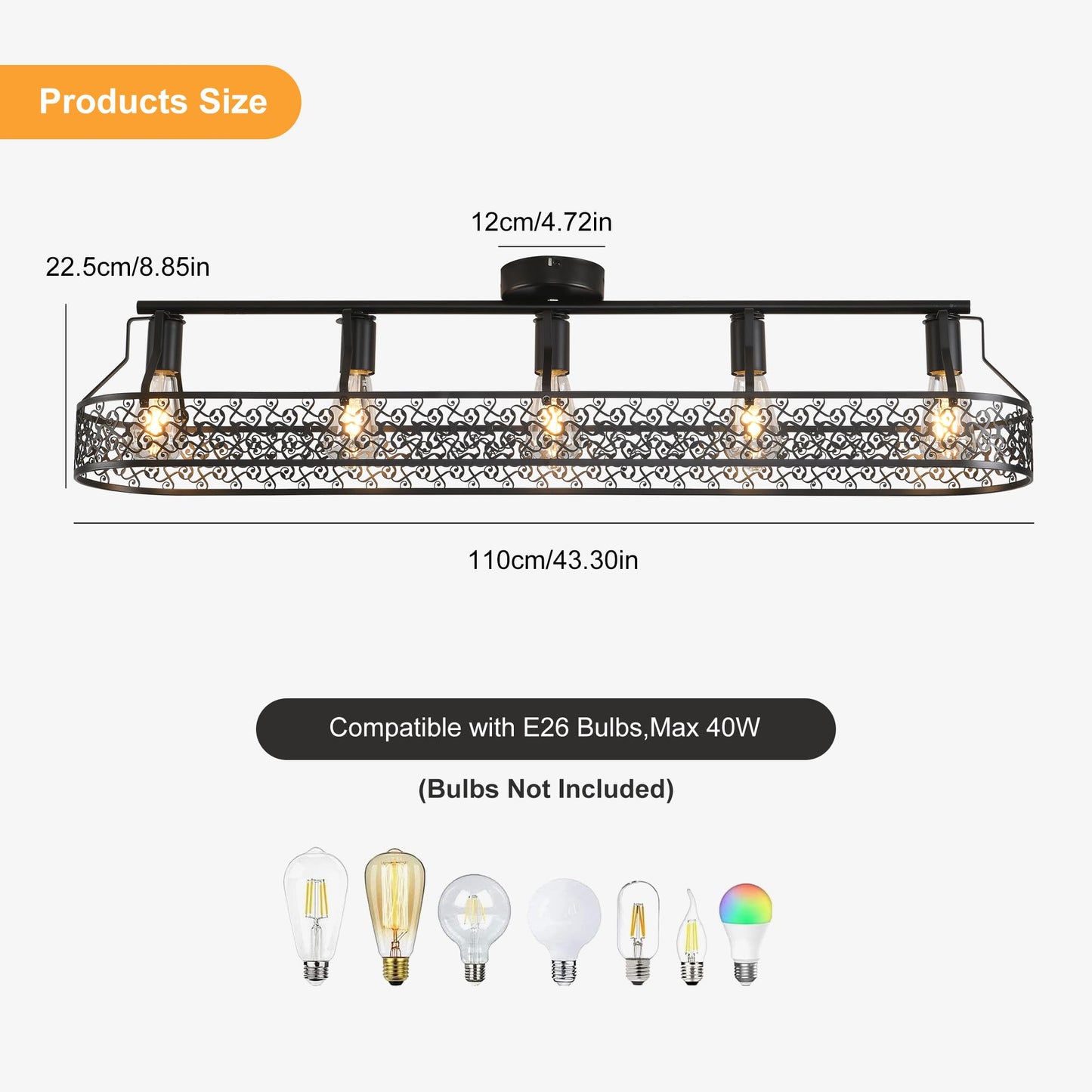 Garwarm 5-Light Black Dining Room Light Fixture, Farmhouse Flush Mount Ceiling Light, Industrial Kitchen Light Fixtures Ceiling Mount for Living Room Bedroom Cafe