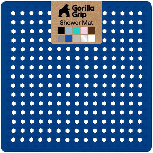 GORILLA GRIP Patented Square Shower Stall Mat, Small Bathtub Floor Mats for Stand Up Showers, Suction Cups, Drain Holes, Machine Wash, Soft on Feet, Bathroom Accessories 21x21 Inch, Royal Blue Opaque