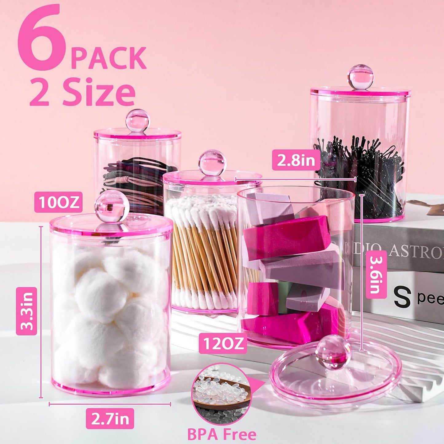 XIPENGKEJI Qtip Holder Set - 6 Pack Apothecary Jars with Lids for Cotton Swabs & Pads | Pink 10oz-12oz