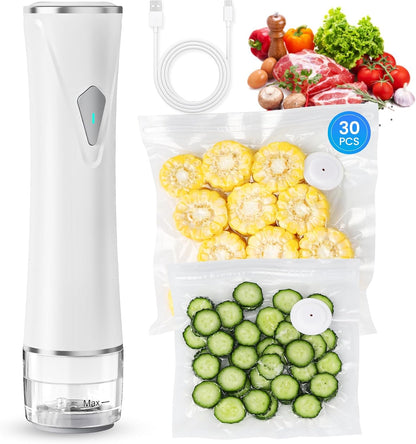 Skiennix Vacuum Sealer - Handheld Food Sealer with Visible Tank & 30 Reusable Bags | Wireless & Portable, White