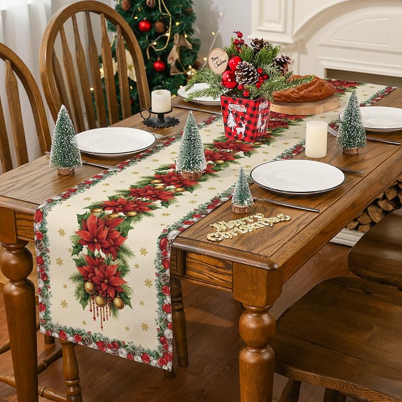 Siilues 220 GSM Merry Christmas Table Runner 13x36 Inch - Polyester Holiday Decor