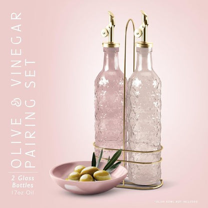 COOK WITH COLOR Glass Olive Oil Bottle Dispenser - 17oz Oil and Vinegar Cruet Set - Floral Pink Design