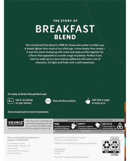 Starbucks Breakfast Blend Coffee K-Cups - Smooth & Flavorful | 72 Count Pack
