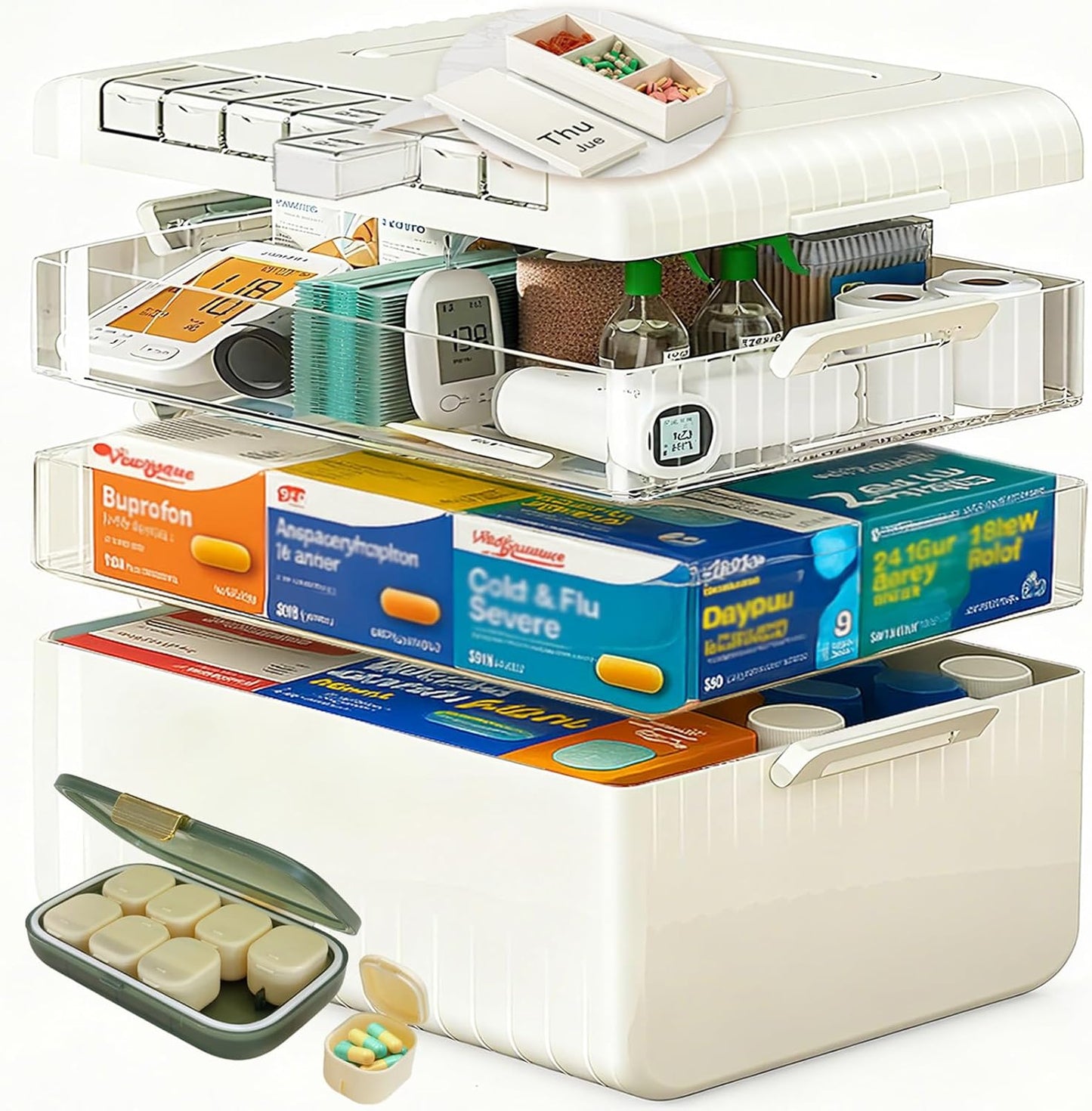 Regine Switzerland Large Medicine Cabinet Pill Organizer - 3-Tier First Aid Storage with Foldable Handle
