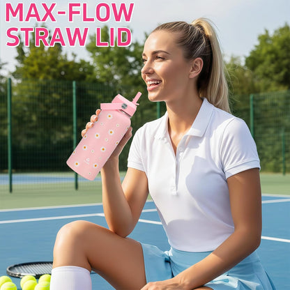 Skiennix Pink Daisy Water Bottle - 32oz Insulated with Flip Straw & Handle | Leak-Proof Stainless Steel Gift for Women & Teens
