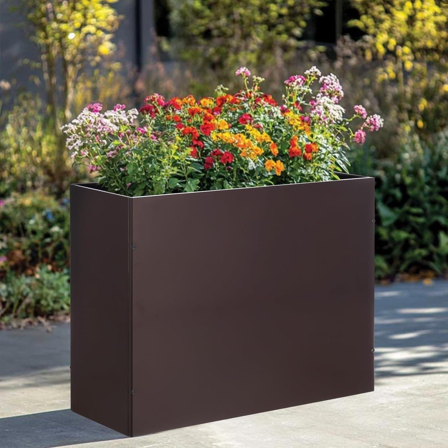 BAYN Metal Rectangular Planter Box - Modern Heavy-Duty Design with Drainage Holes | Brown, 32”x 12”x 24”