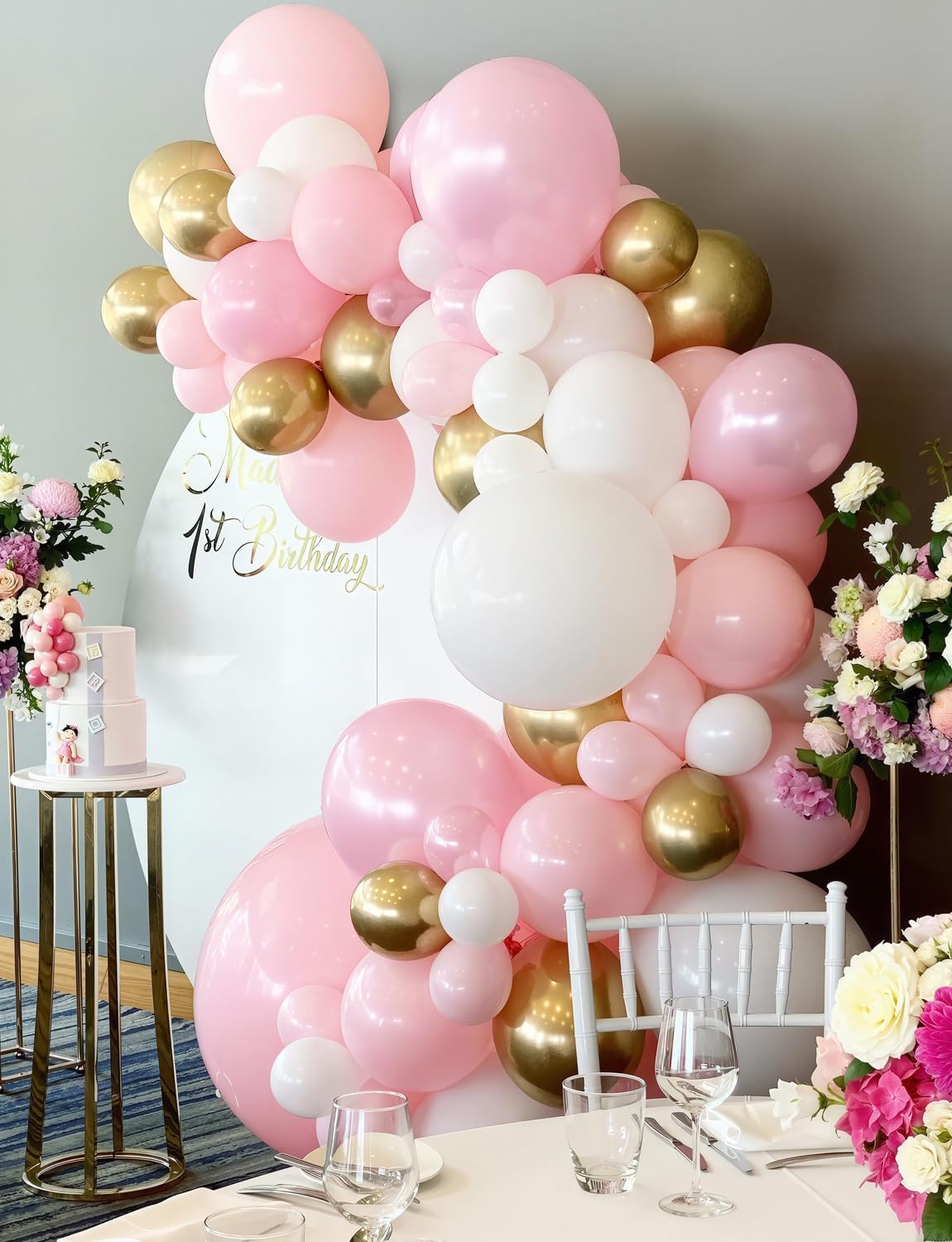 Skiennix Pink and Gold Balloon Set - 12-Inch Light Pink & White Latex Balloons with Shiny Metallic Gold Glitter for Baby Shower & Birthday Party Decorations