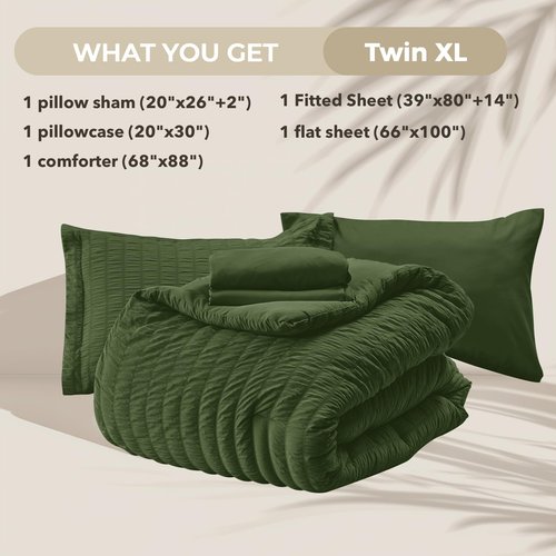 HYMOKEGE Olive Green Twin XL Comforter Set Seersucker 5 Pieces, All Season Luxury Bed in a Bag for Bedroom, Bedding Set with Comforter, Sheets, Pillowcase & Sham