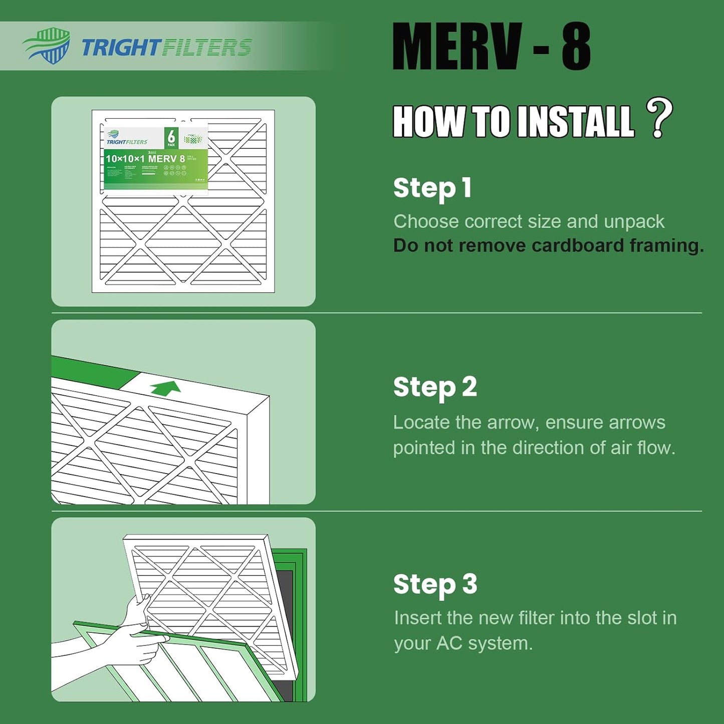 TRIGHTFILTERS 10x10x1 Air Filter - Durable MERV 8 Pleated HVAC & AC Furnace Filters | 6 Pack