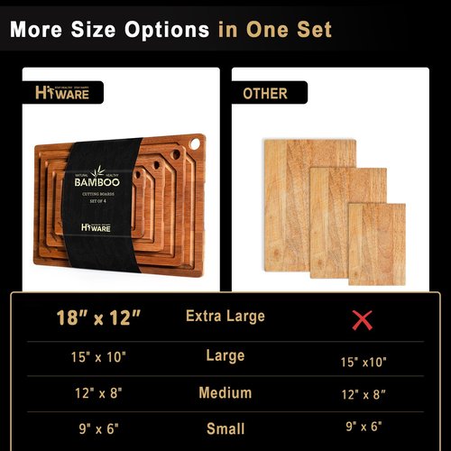 Hiware 4 Pieces Extra Large Wooden Cutting Boards Set- Bamboo Cutting Boards for Kitchen Meal Prep & Serving, Cutting Board with Deep Juice Groove & Built-in Handles, Charcuterie & Chopping Board