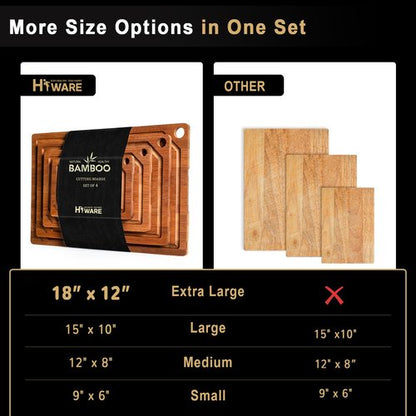 Hiware 4 Pieces Extra Large Wooden Cutting Boards Set- Bamboo Cutting Boards for Kitchen Meal Prep & Serving, Cutting Board with Deep Juice Groove & Built-in Handles, Charcuterie & Chopping Board