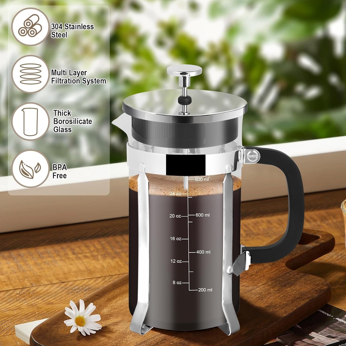 Skiennix French Press Coffee Maker - 34oz Stainless Steel with 2 Filters | Heat Resistant & Easy to Clean