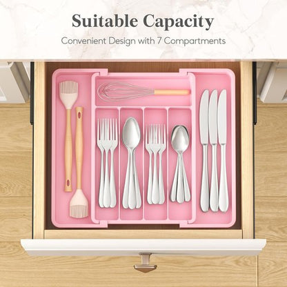 Lifewit Expandable Silverware Organizer - BPA-Free Utensil Tray for Kitchen | Adjustable 8.5"-14.1" x 12.1", Pink