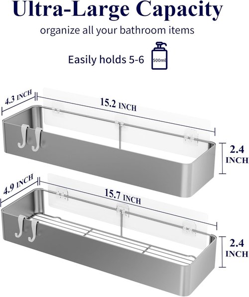 Kitsure Shower Caddy - Rustproof Adhesive Organizer | No-Drill Metal Shelves, Silver Grey, 2 Pack