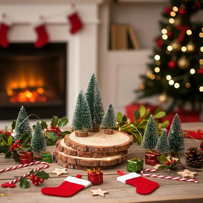 18 Pcs Bottle Brush Christmas Trees & 6 Natural Wood Slices Set, 3 Sizes