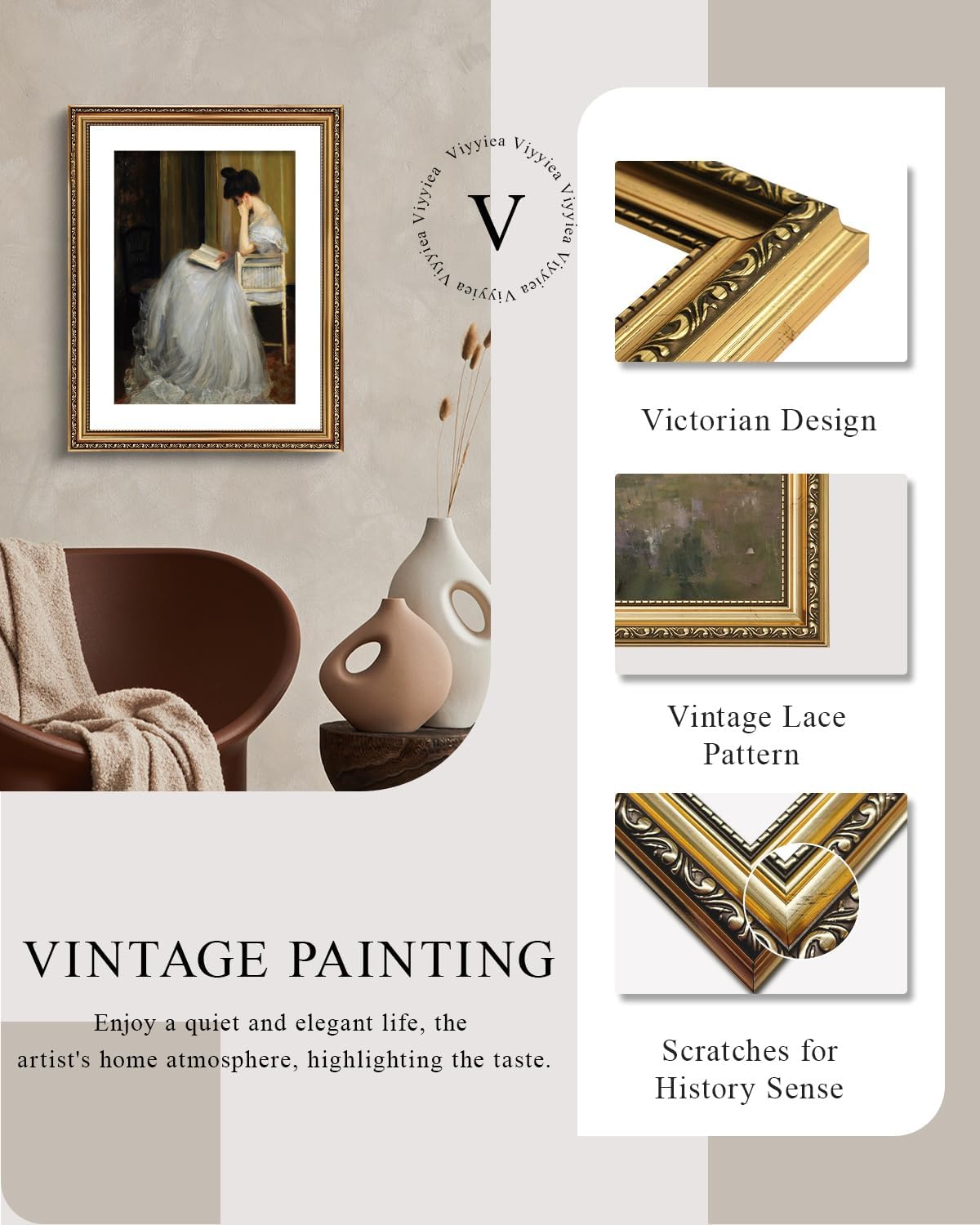 VIYYIEA Gold Framed Canvas Wall Art - Vintage Women Reading Portrait for Living Room & Bedroom | 16x20in