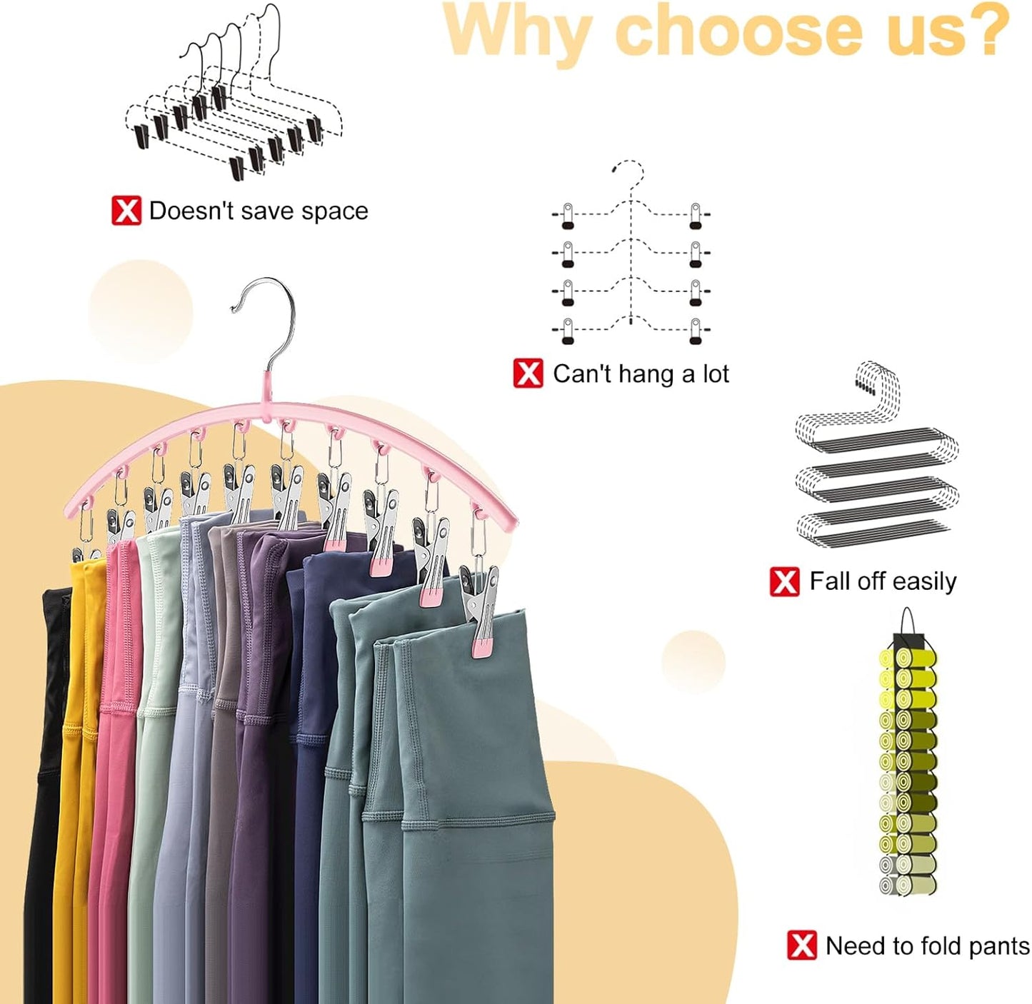 Metal Yoga Pants Hangers - Space-Saving Closet Organizer with 10 Clips | Pink, Holds 10 Leggings