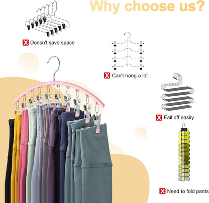 Metal Yoga Pants Hangers - Space-Saving Closet Organizer with 10 Clips | Pink, Holds 10 Leggings