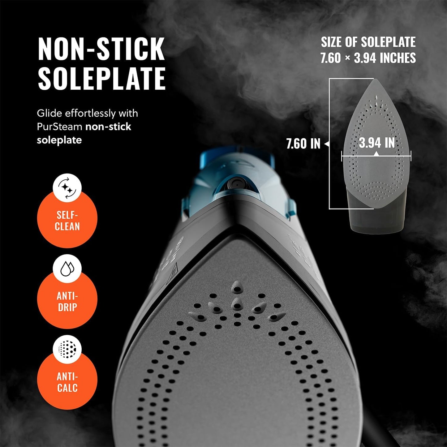 PurSteam Professional Steam Iron - 1250W Power with Burst of Steam & Spray | Non-Stick Soleplate, Easy Control